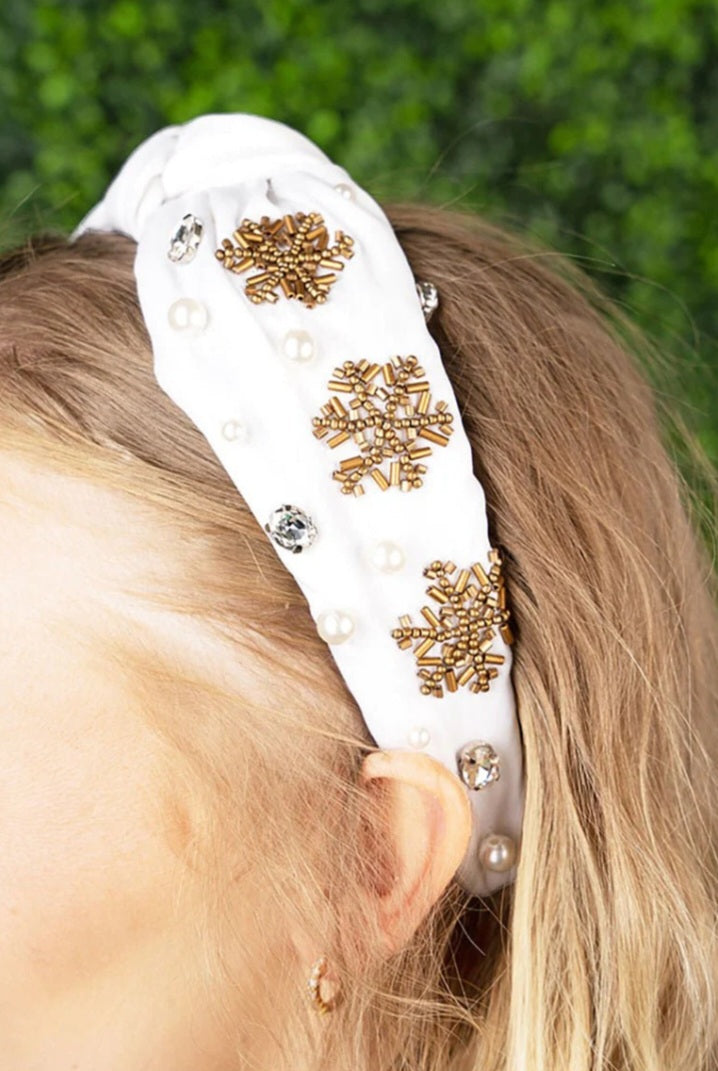 White And Gold Snowflake Knotted Headband