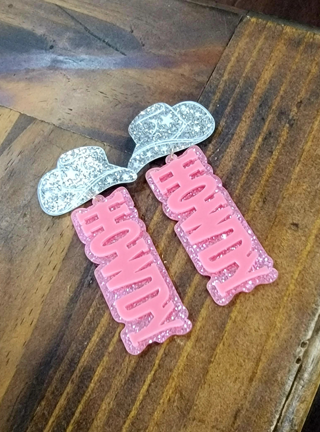 Howdy Pink Glitter Acrylic  Cowgirl Hat Earrings