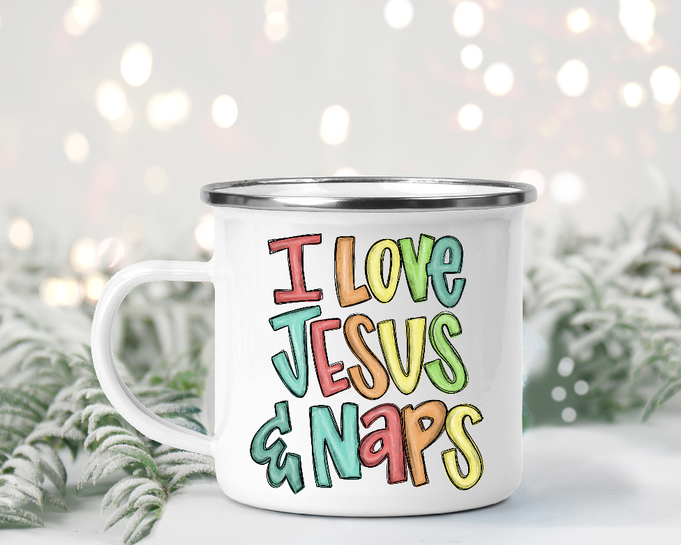 I Love Jesus and Naps Enamel Mug