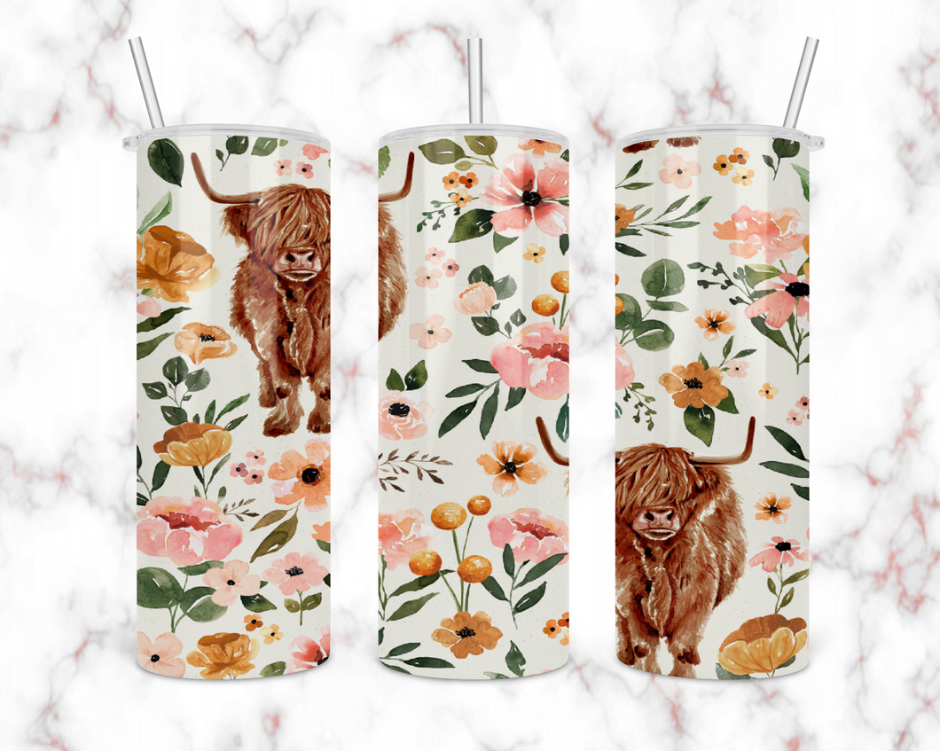 Floral Highland Cow Tumbler