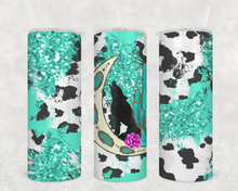 Load image into Gallery viewer, Howl at the moon teal cow Tumbler
