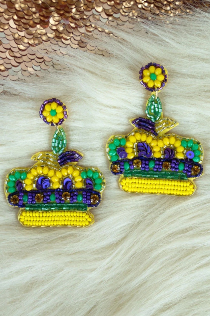 Mardi Gras Crown Seed Bead Earrings