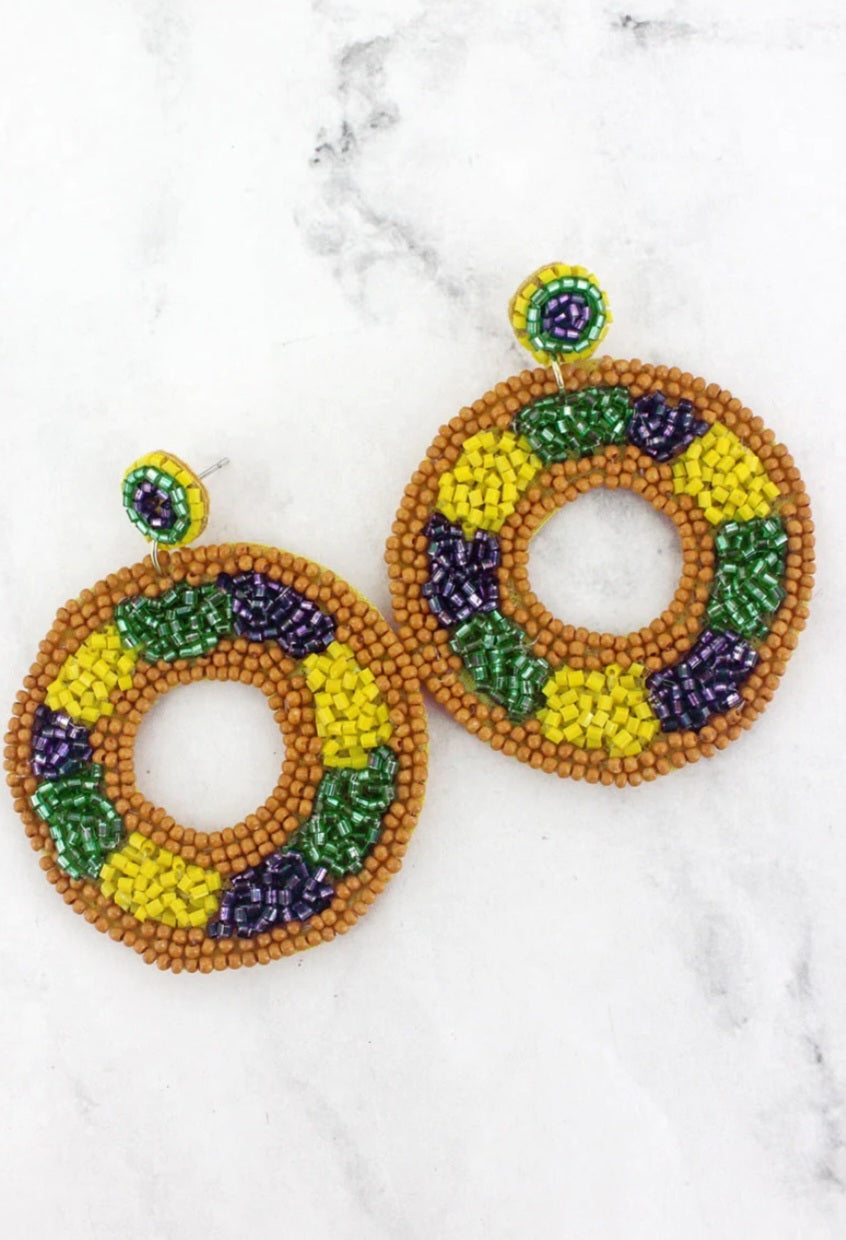 Mardi Gras King Cakes Seed Bead Earrings