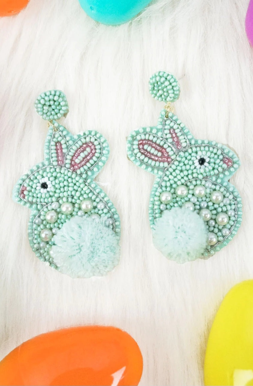 Mint Easter Bunny With Pom Tail Seed Bead Earrings