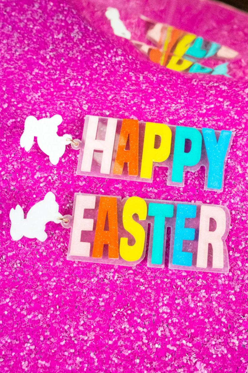 Multi Color Glitter Acrylic  Happy Easter Earrings