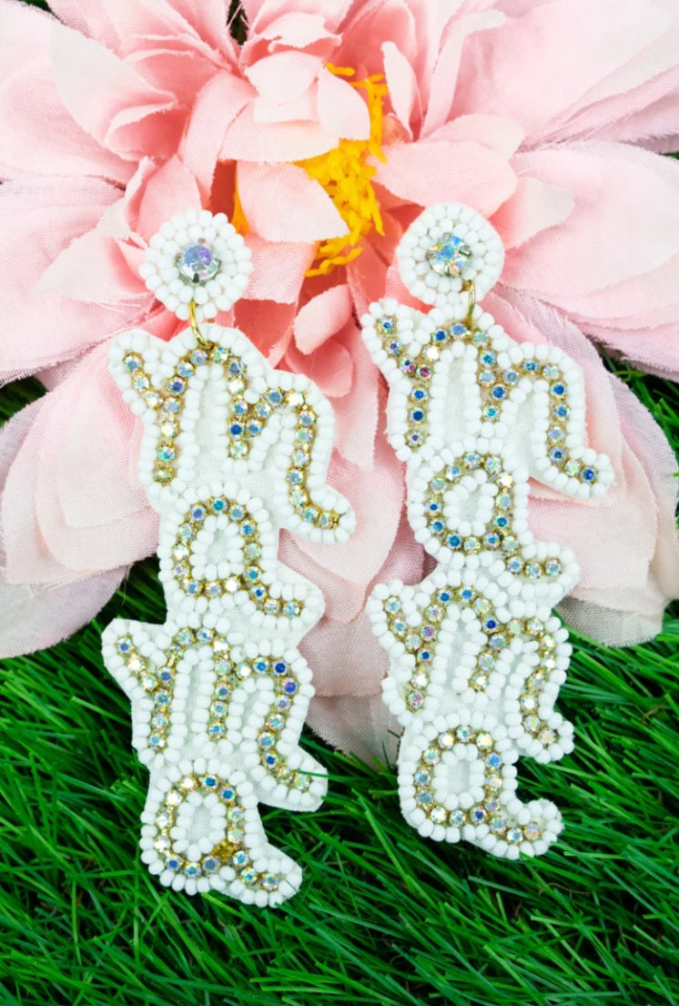 White Seed Bead And Crystal  Mama Earrings