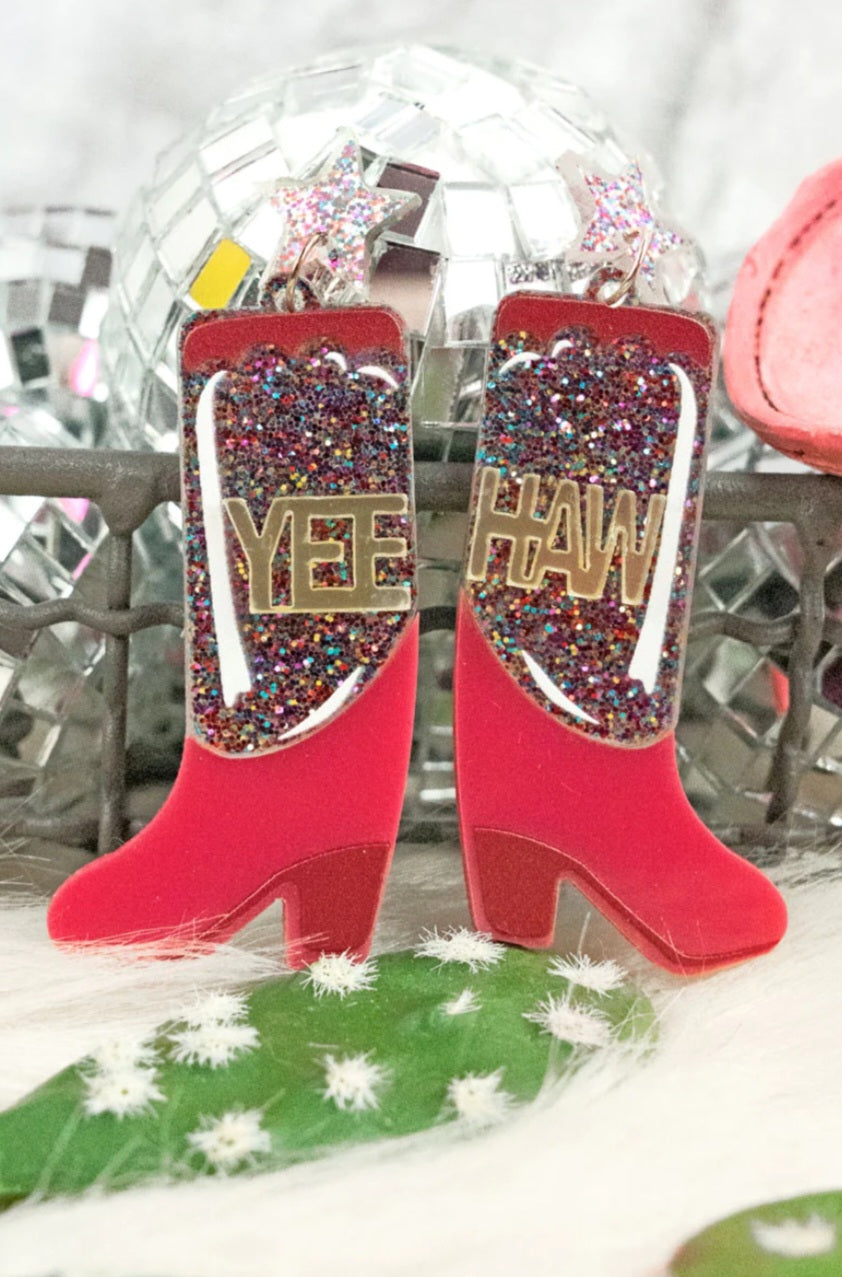 Yeehaw Multicolored  Glitter Acrylic  Cowgirl  Boot Earrings