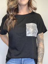 Load image into Gallery viewer, Black T-shirt With Sequin Pocket
