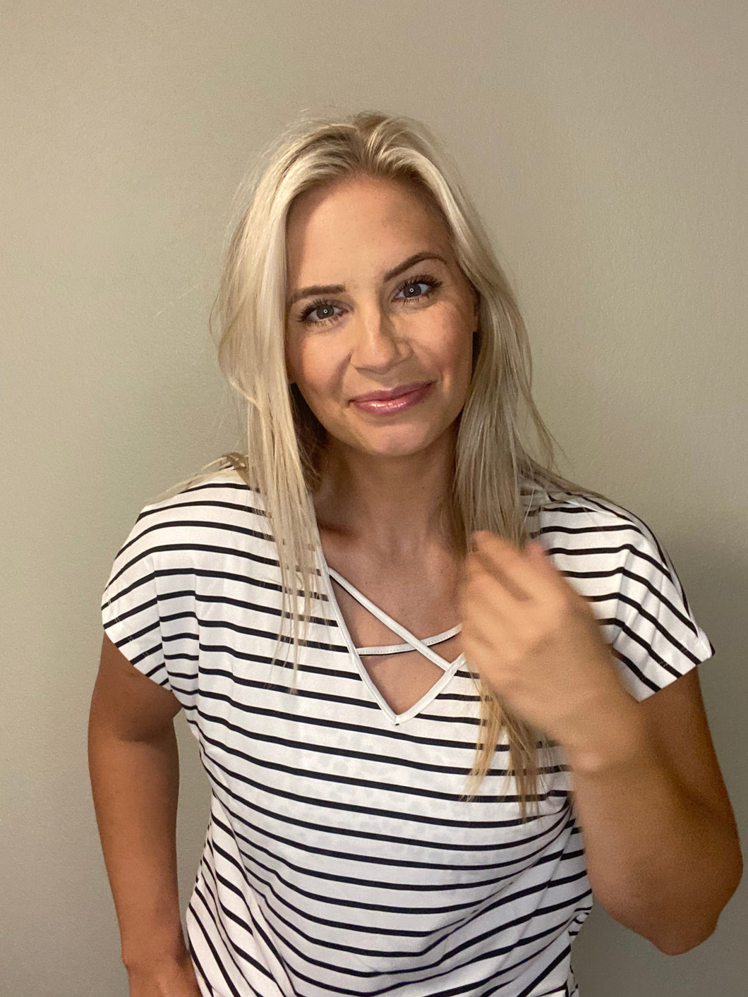 Stripe With Cross Neck Short Sleeve