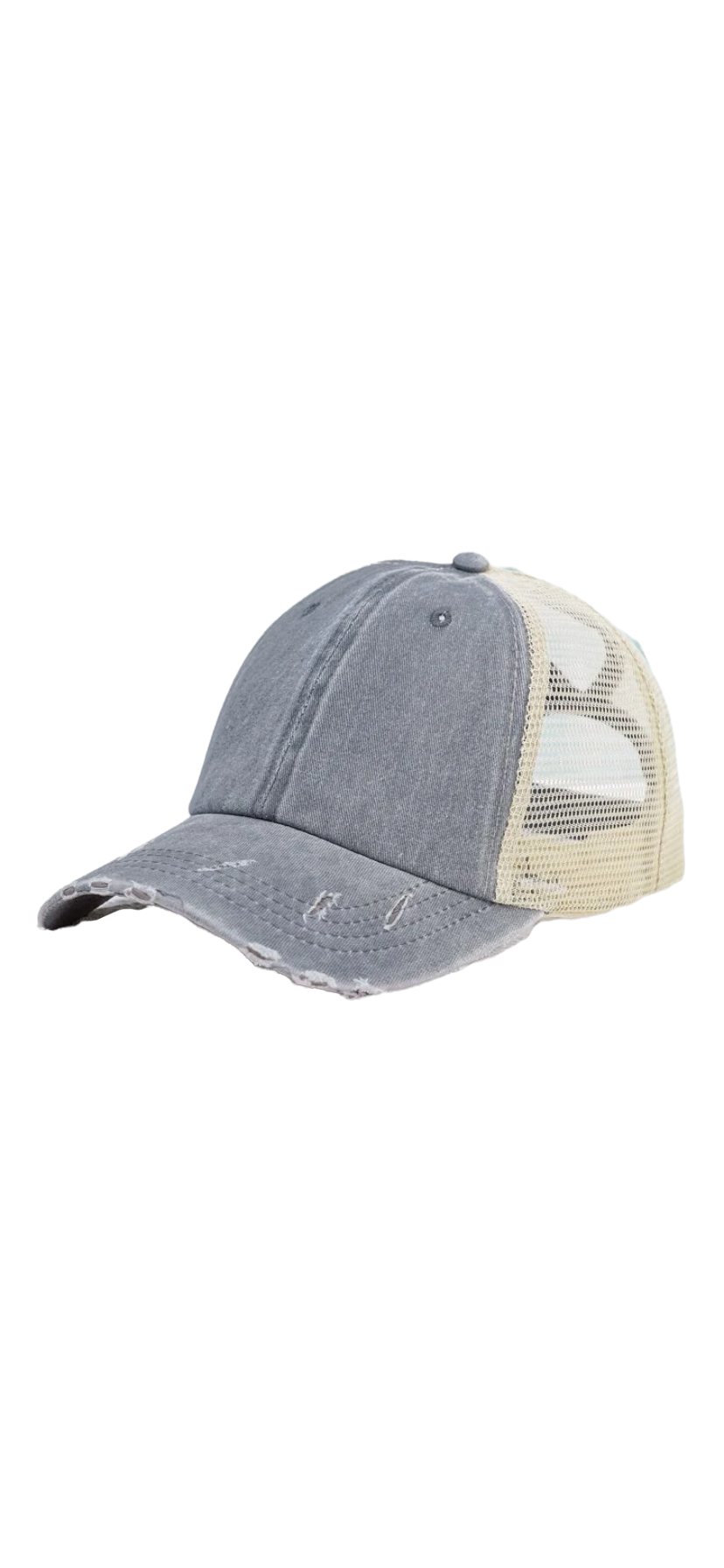 Gray Distressed Polytail Hat