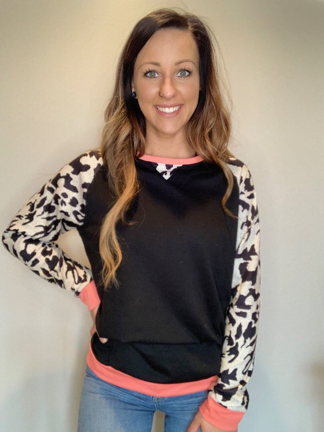 Leopard Sleeve Black Pullover