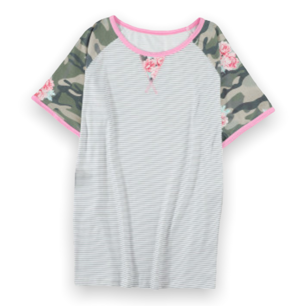 Stripe Floral Camo Short Sleeve Top Plus Size