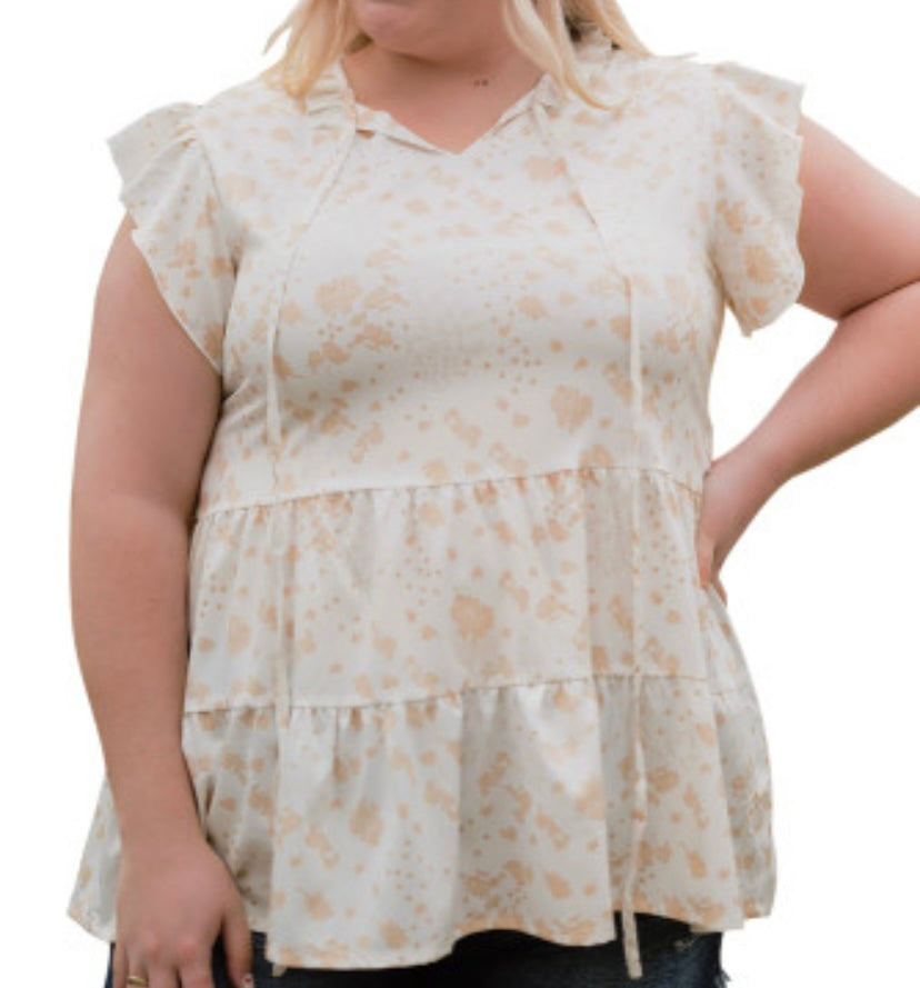 White & Beige Floral Short Sleeve Top Plus Size