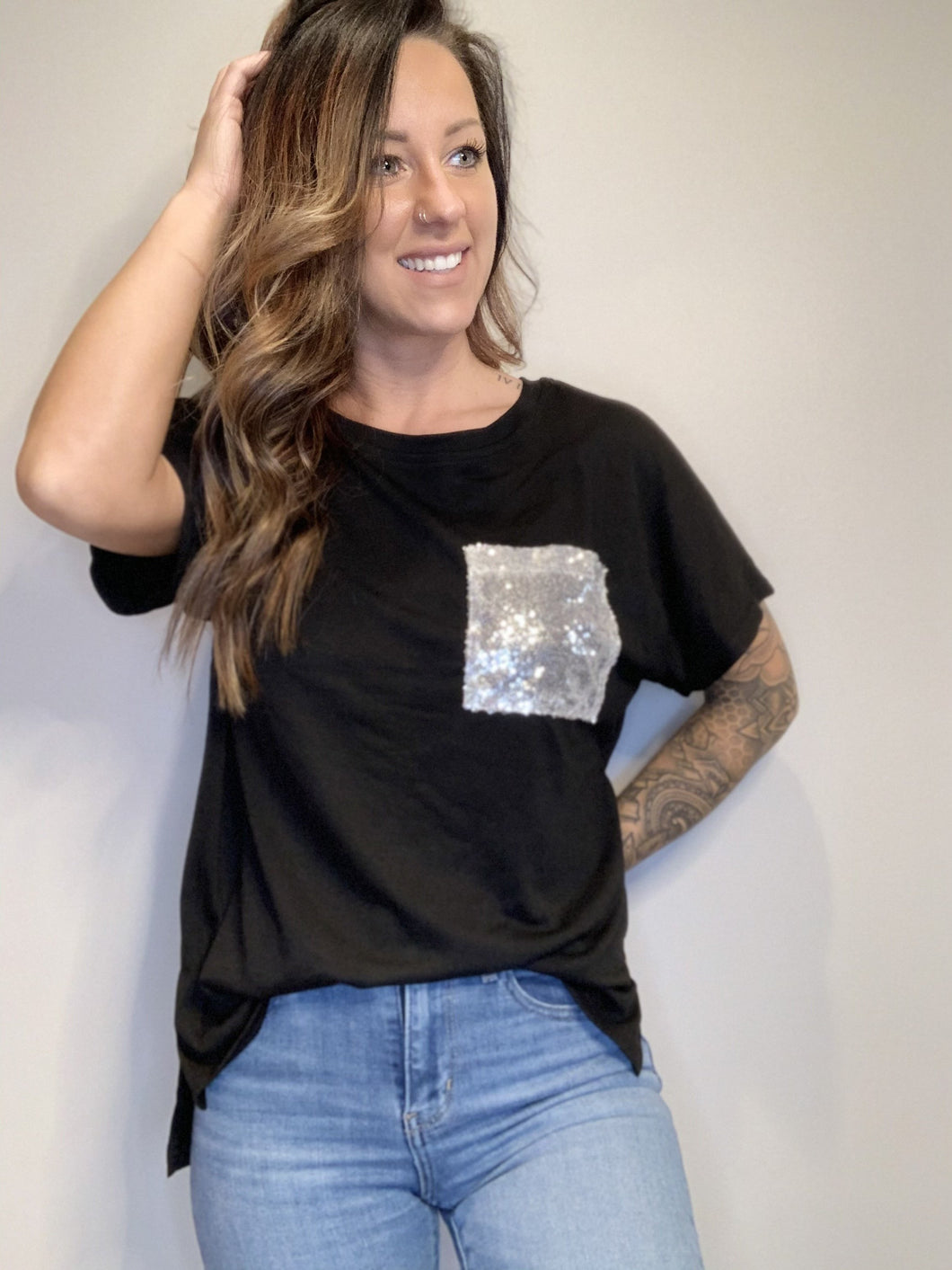 Black T-shirt With Sequin Pocket